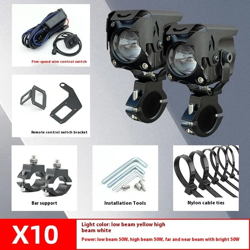 Motorcycle LED spotlight conversion kit showing light unit, wiring, switch, and mounting brackets