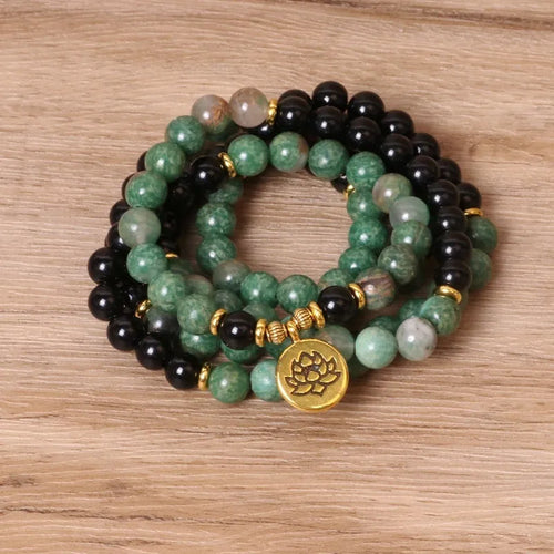 Green and black alloy elastic bracelet with beaded natural style design