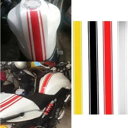 Motorcycle gas tank sticker with pinstripes measuring 50 by 4.5 cm in black, red, silver, yellow