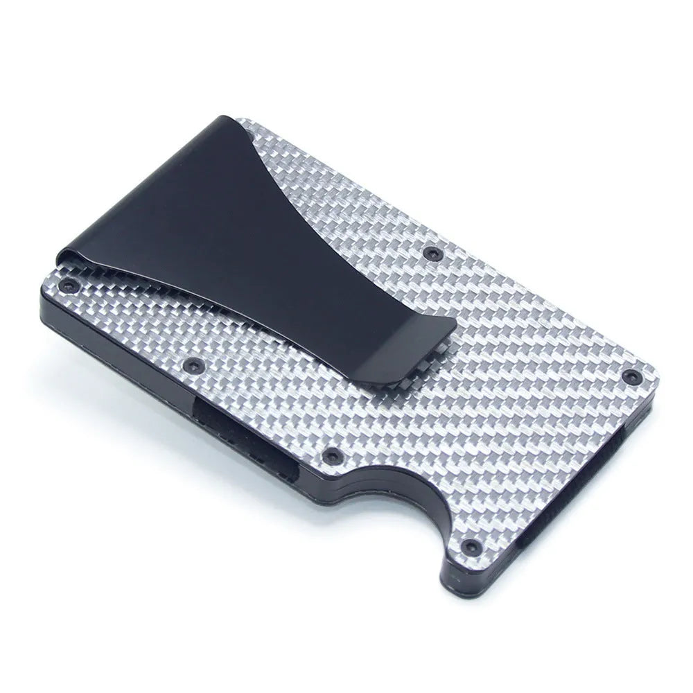 Geometric carbon fibre card wallet with business cards showing 8mm thickness