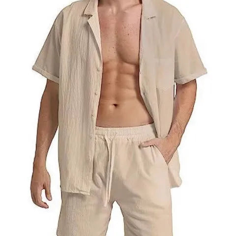 Men's linen summer sports shorts suit with short-sleeved top and matching shorts in army green colour