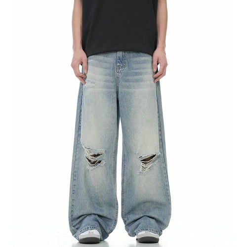 Blue men's straight-leg jeans with ripped detailing on a cotton blend fabric