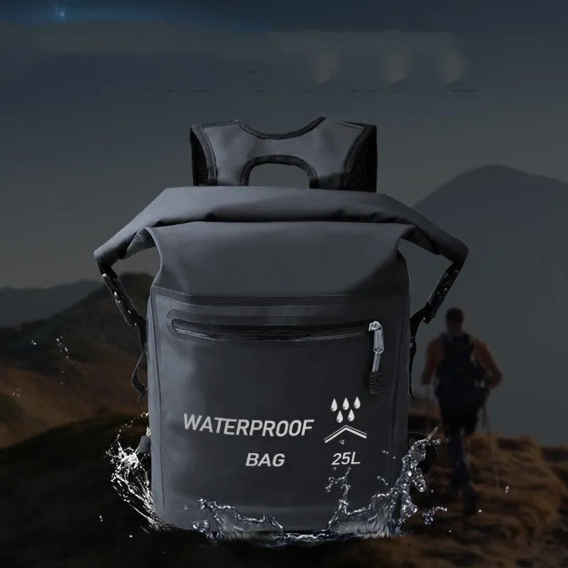 Black 25 litre waterproof backpack for outdoor swimming and rafting activities
