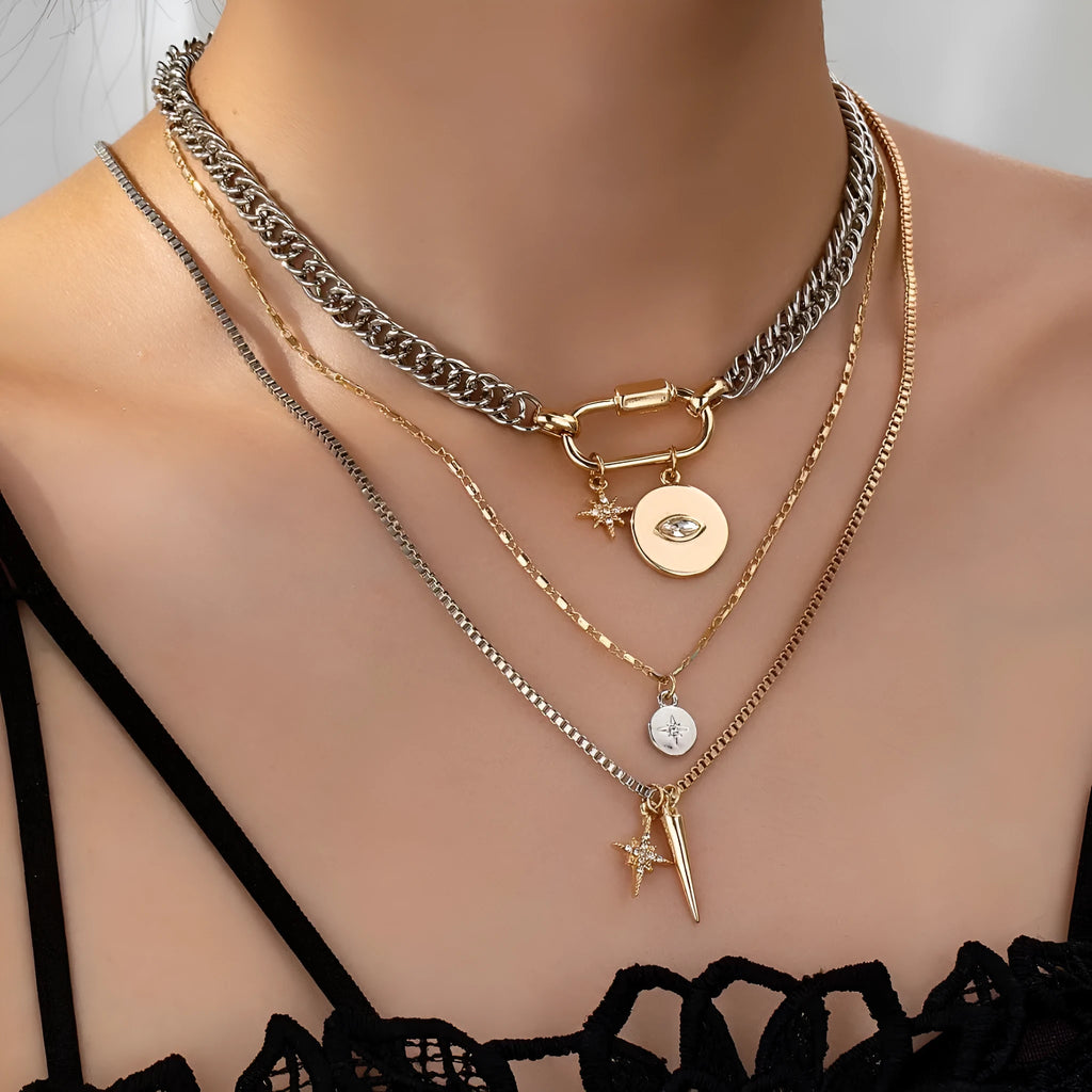Eye pendant multi-layer twin necklace for women with alloy electroplated clavicle chain and geometric ellipse shapes.