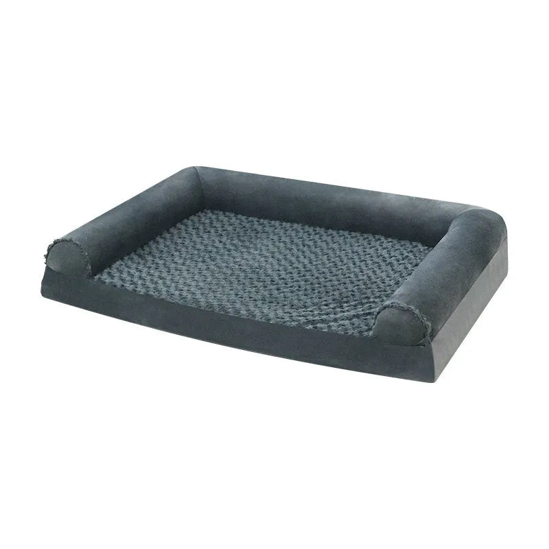 Grey fabric-covered indoor kennel for medium to large dogs showing three size options
