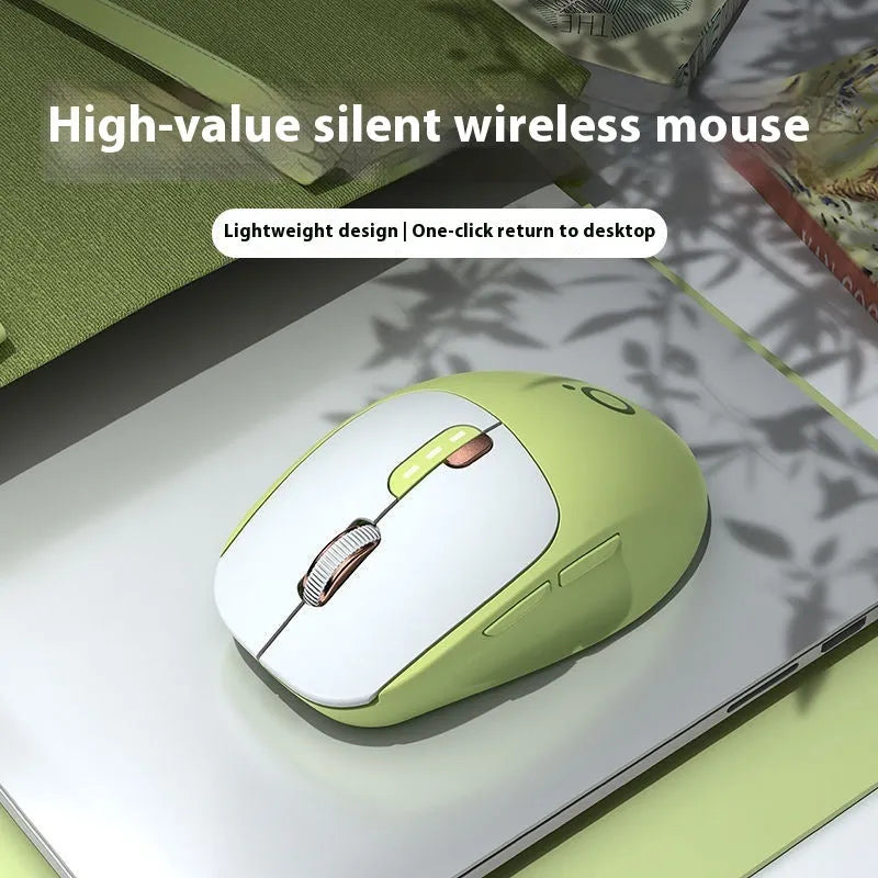 A mute wireless Bluetooth mouse in Matcha Green colour on a desk, showing its compact size and five-button layout.