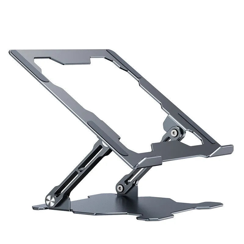 Grey adjustable aluminium laptop stand in folded and extended positions showing hollow panel design