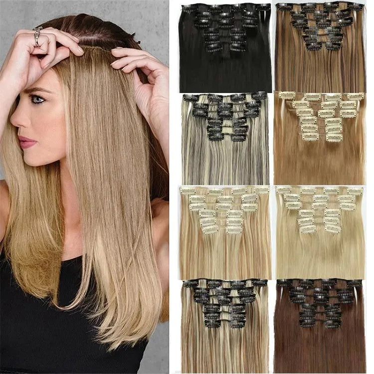 Straight wig extension set 60cm long in multiple high temperature fibre colour options for ladies