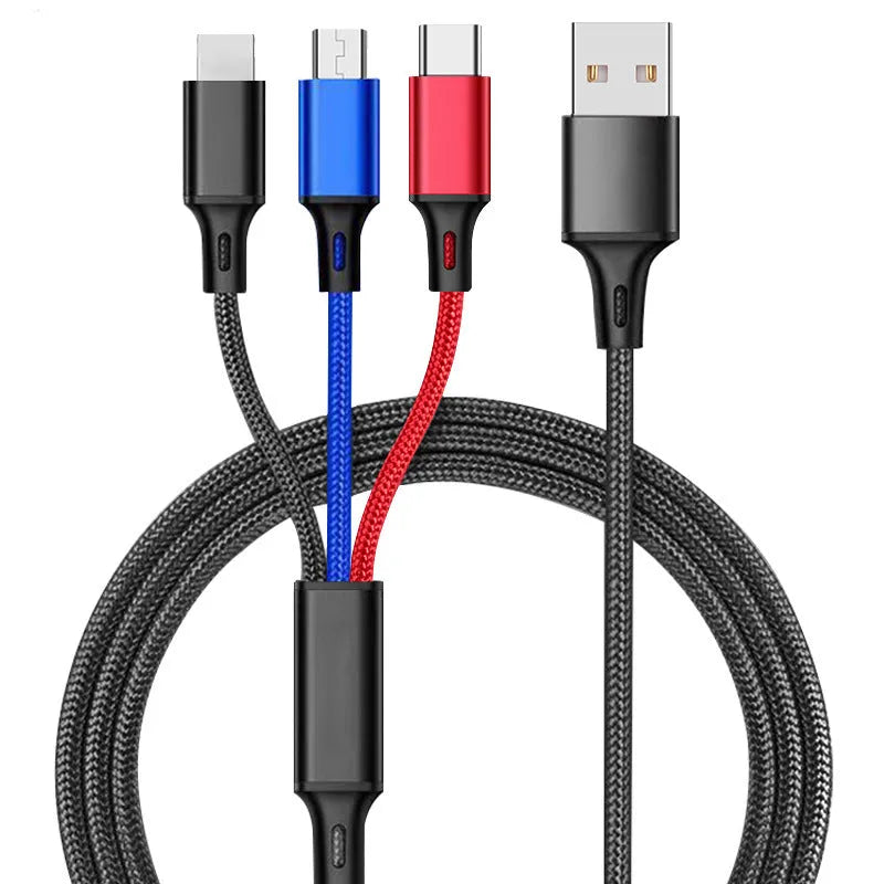 Braided 3-in-1 data cable with aluminium connectors in multiple colour options
