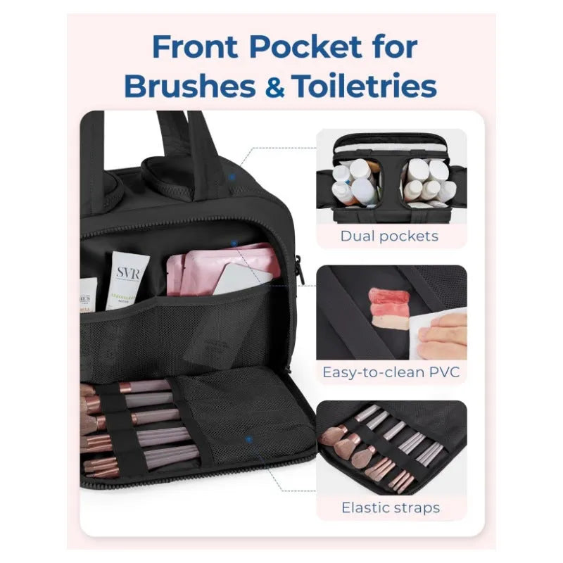 Large lightweight travel wash bag in pink with a wide-open zipper showing a fluffy interior lining.