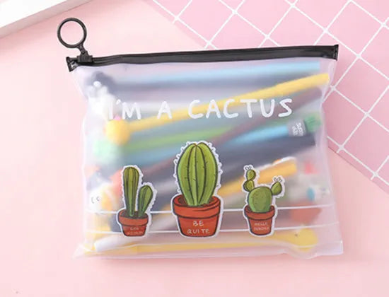 Marvel-branded plastic case open to show twenty cartoon cactus design pens with 0.5mm black ink.