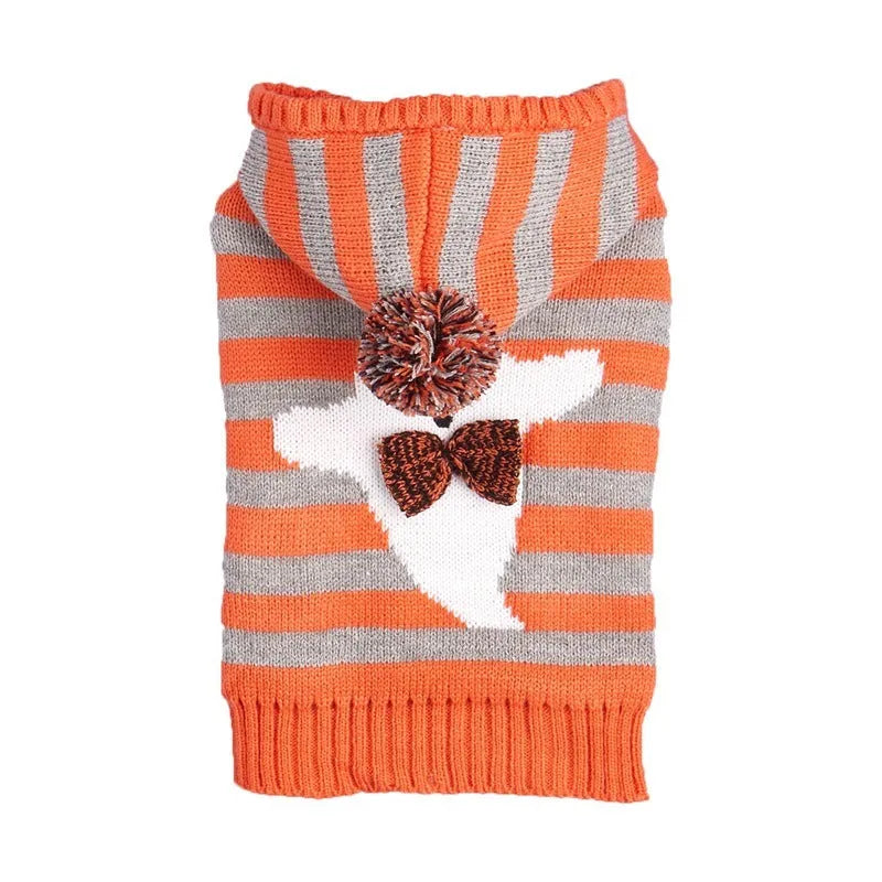 Orange striped knitted acrylic pet sweater with hood and fur ball decoration for Halloween