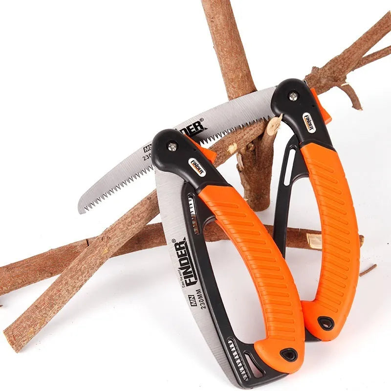 A folded and open 230mm folding garden saw with a TPR grip and 65MN steel blade.