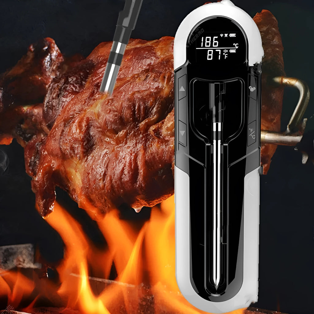 Bluetooth BBQ thermometer in grey, blue, or orange with 175 x 49 x 20mm size, IP66 waterproof, magnet design, and wireless app control.