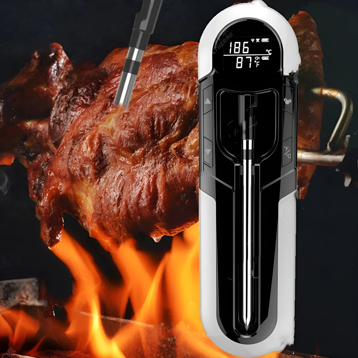 Bluetooth BBQ thermometer in grey, blue, or orange with 175 x 49 x 20mm size, IP66 waterproof, magnet design, and wireless app control.