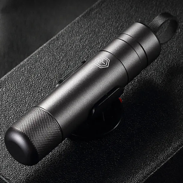 Gun grey aluminium car safety hammer with steel impact head measuring 87mm length