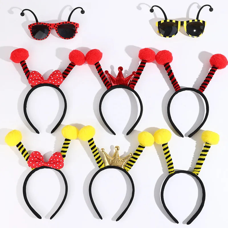 Yellow bee-themed cloth headband and matching round glasses for children's fancy dress costume.