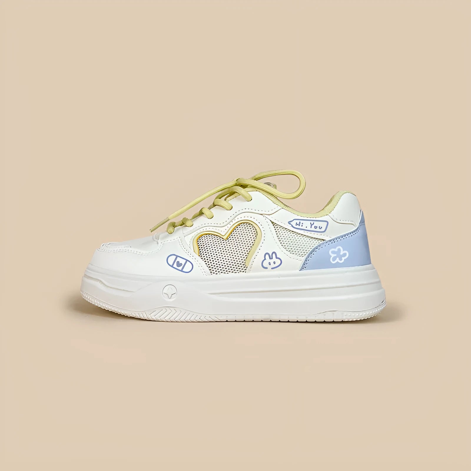 Meow Rabbit Sea Salt Cheese mesh sneakers with cross straps and thick rubber soles
