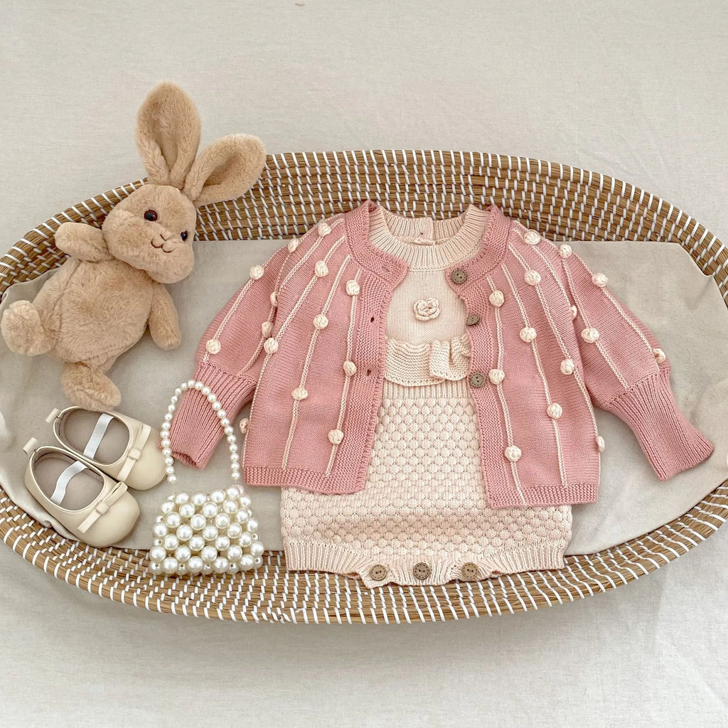 Baby hand crocheted flower pineapple plaid knitted wool long sleeve jumpsuit in stone powder colour