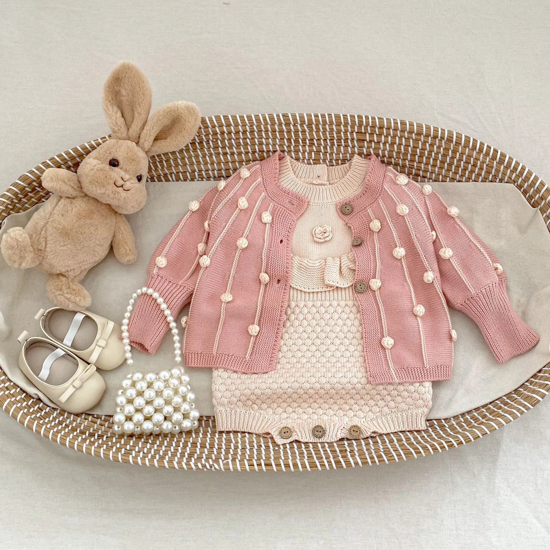 Baby hand crocheted flower pineapple plaid knitted wool long sleeve jumpsuit in stone powder colour