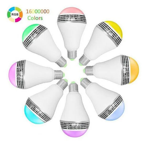 LED Smart Bluetooth Speaker E27 bulb light with white housing, showing E27 base and PC material construction.