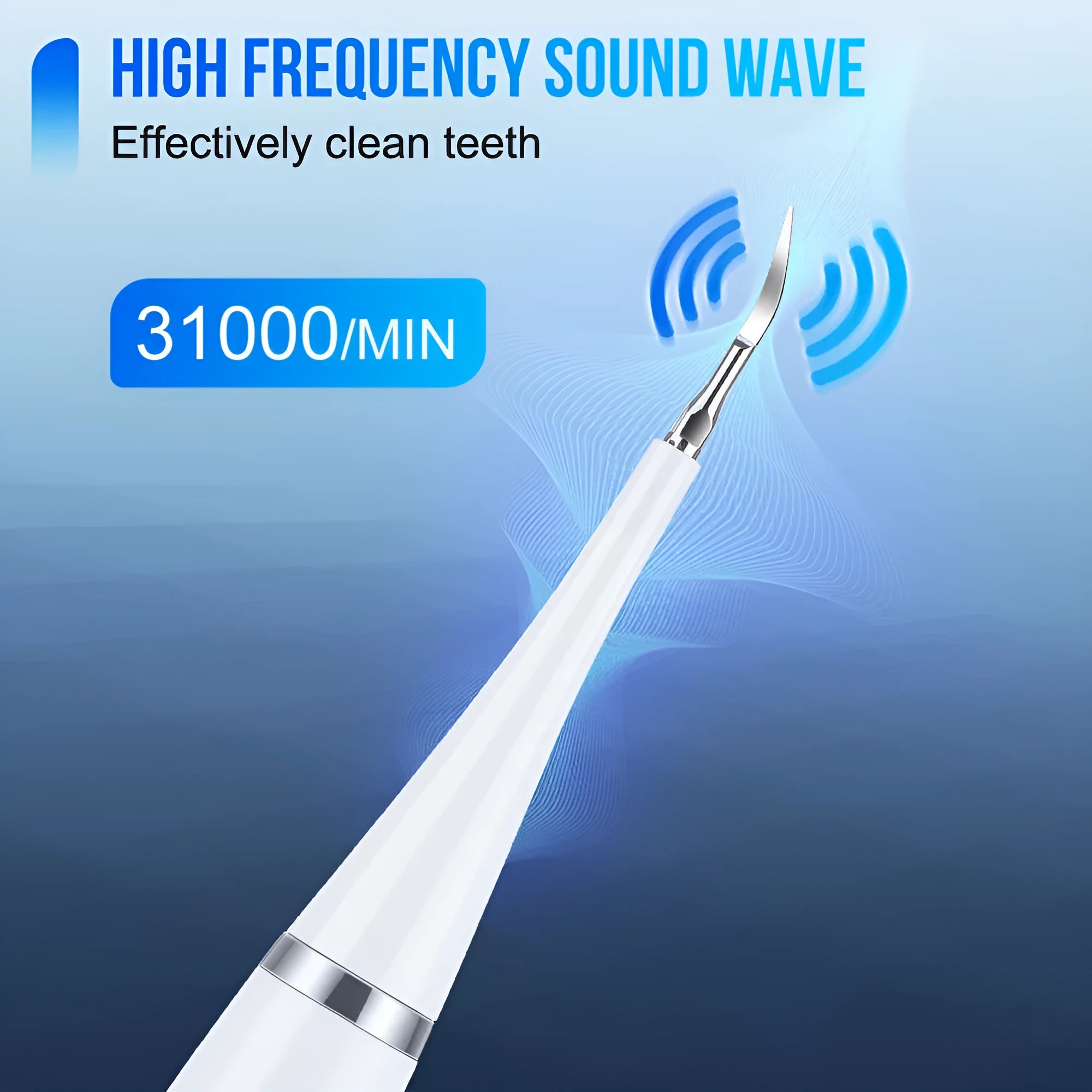 Portable electric toothbrush with white ABS plastic body, USB charging port, and up-and-down brush head on a clean surface