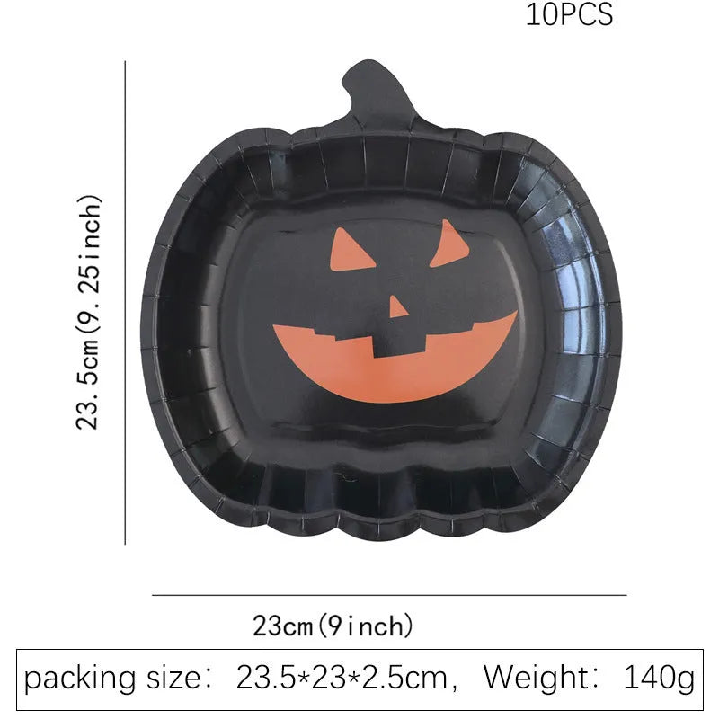 Black Halloween paper plate with pumpkin design, 9 inches in diameter.