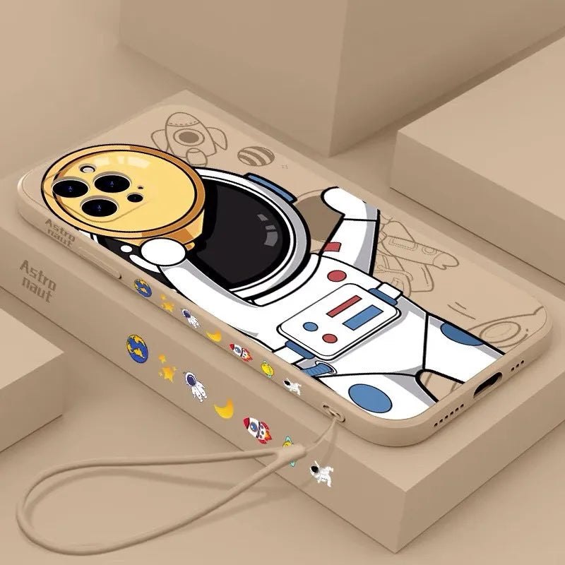 Cartoon astronaut silicone phone case for iPhone in black, khaki, or blue with telescope design