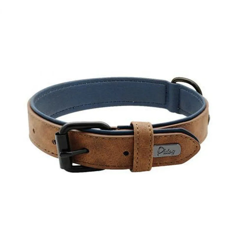 Adjustable dog collar showing PU front and microfiber back in purple colour