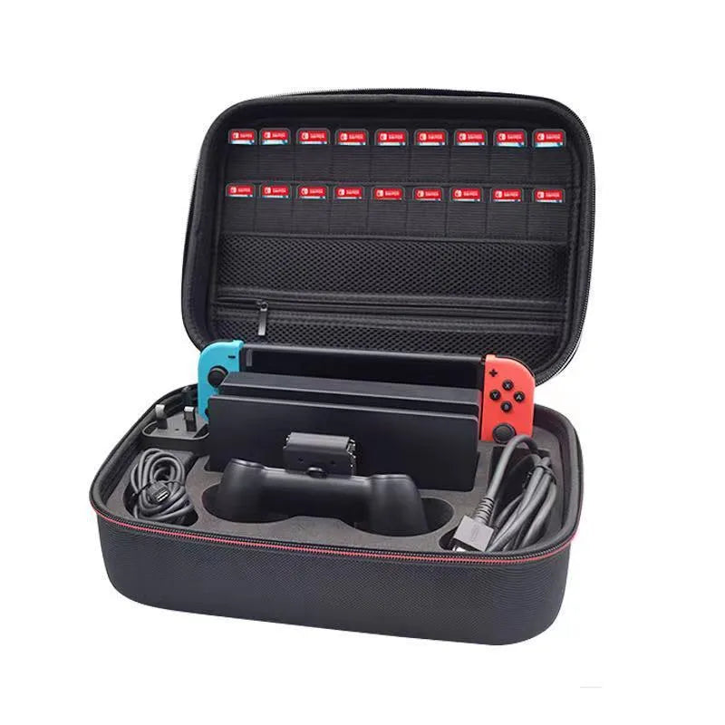 Black EVA game console accessory storage bag showing size dimensions and interior space for organising gaming controllers and cables
