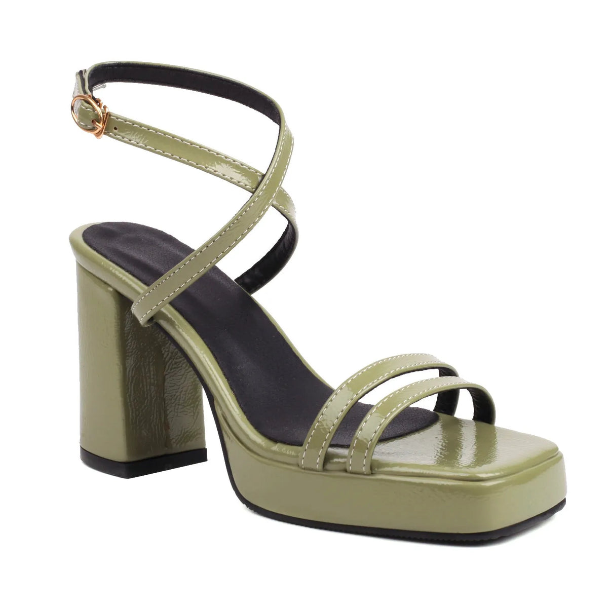 Square toe high heels with thin strap buckle and wide strap, microfiber upper, six colours, sizes 35-43