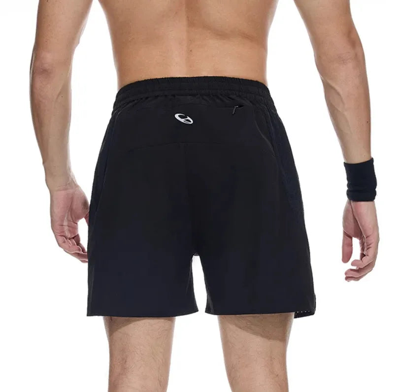Black and blue four-point stretch running shorts with laser punching stitching on a mannequin.