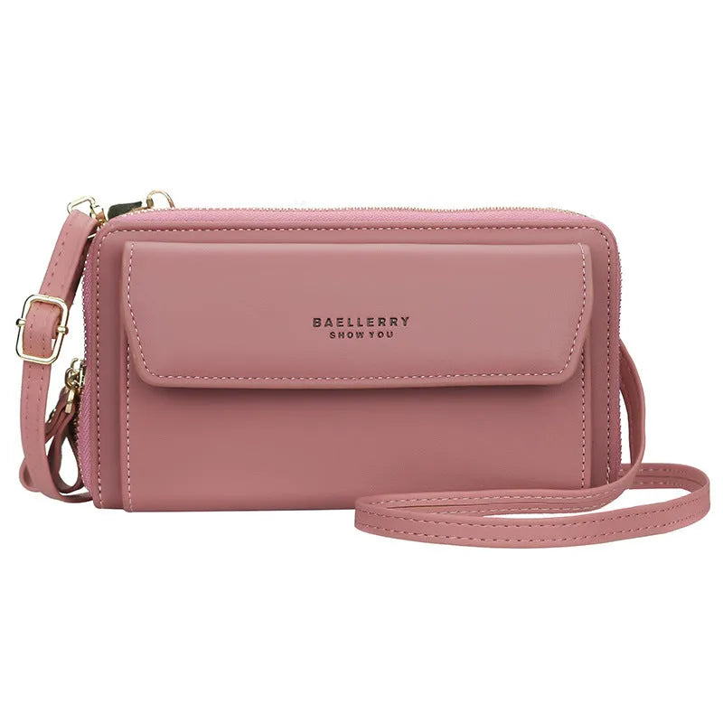 Ladies long wallet in PU leather with double zipper, horizontal square shape, shown in multiple colour options