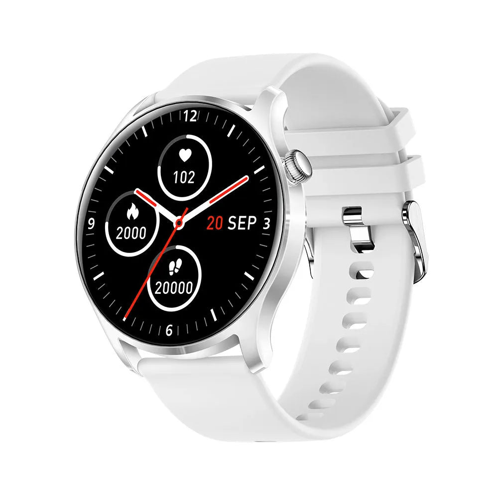 Bluetooth smart watch with heart rate monitoring on wrist showing 1.3-inch display