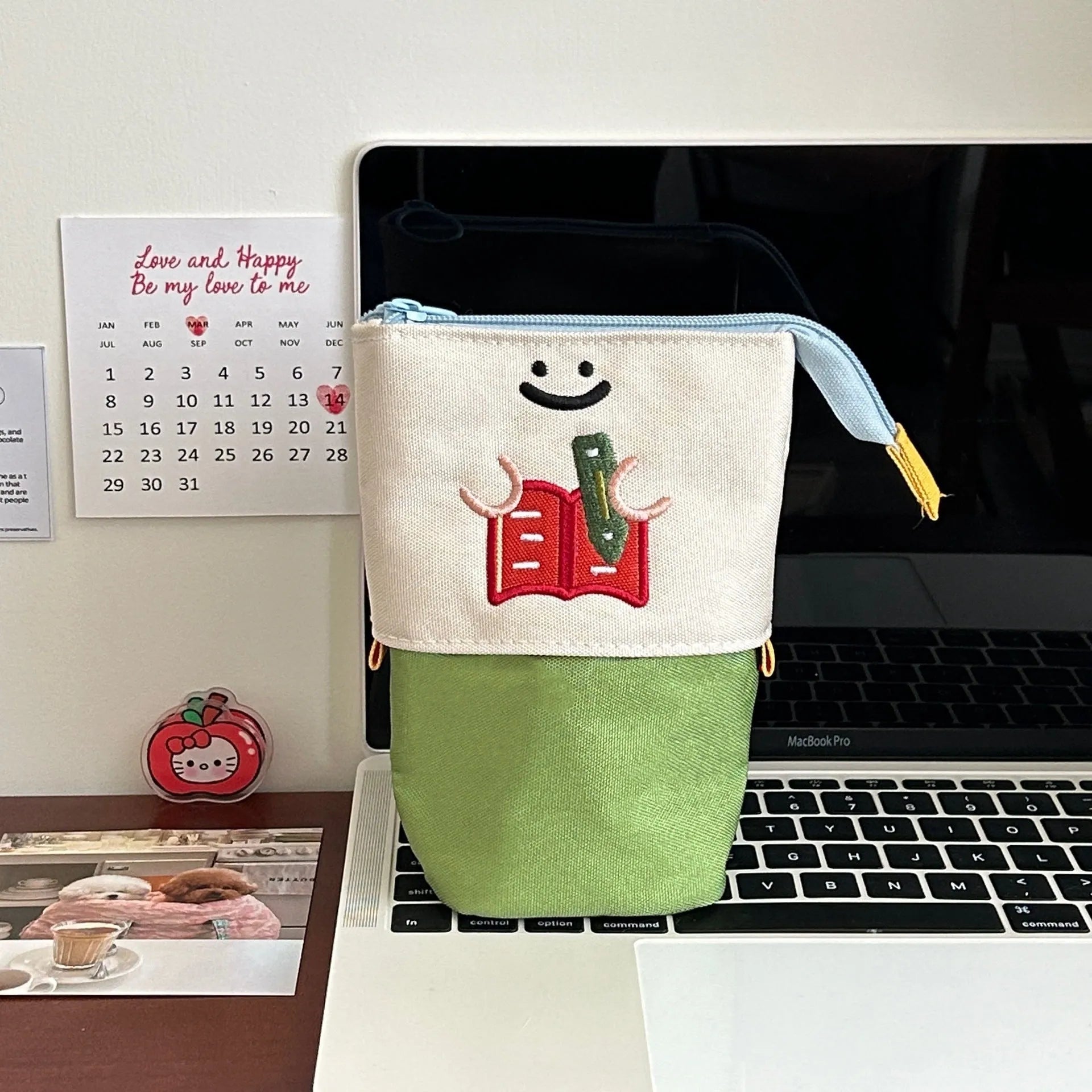 Brown Korean-style cartoon collapsible pencil case made from Oxford fabric, shown open and closed.