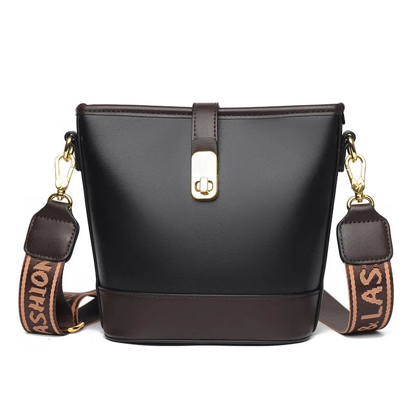 Korean style black bucket bag with multiple compartments and double shoulder straps