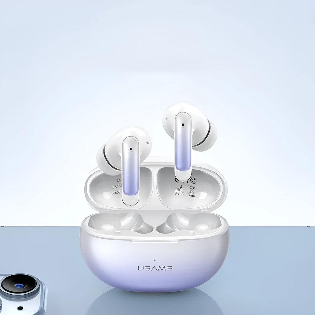 Wireless sports gaming Bluetooth headset in gradient colours showing compact design with in-ear fit