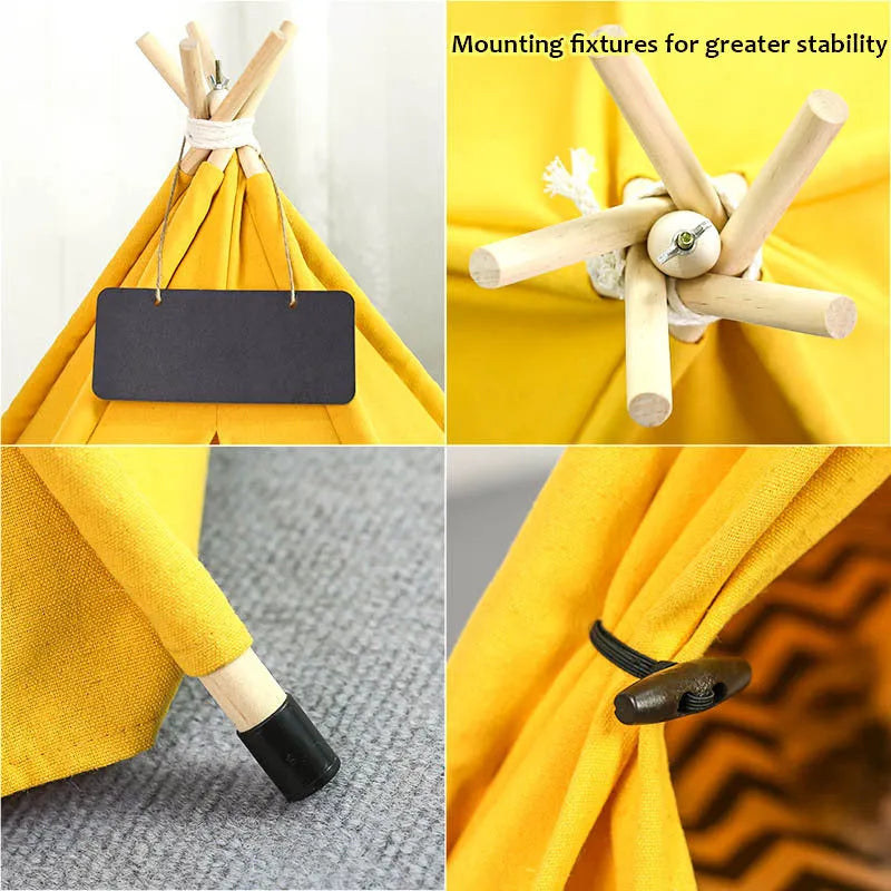 Portable pet teepee tent bed with cushion for small dogs cats rabbits in striped flax linen