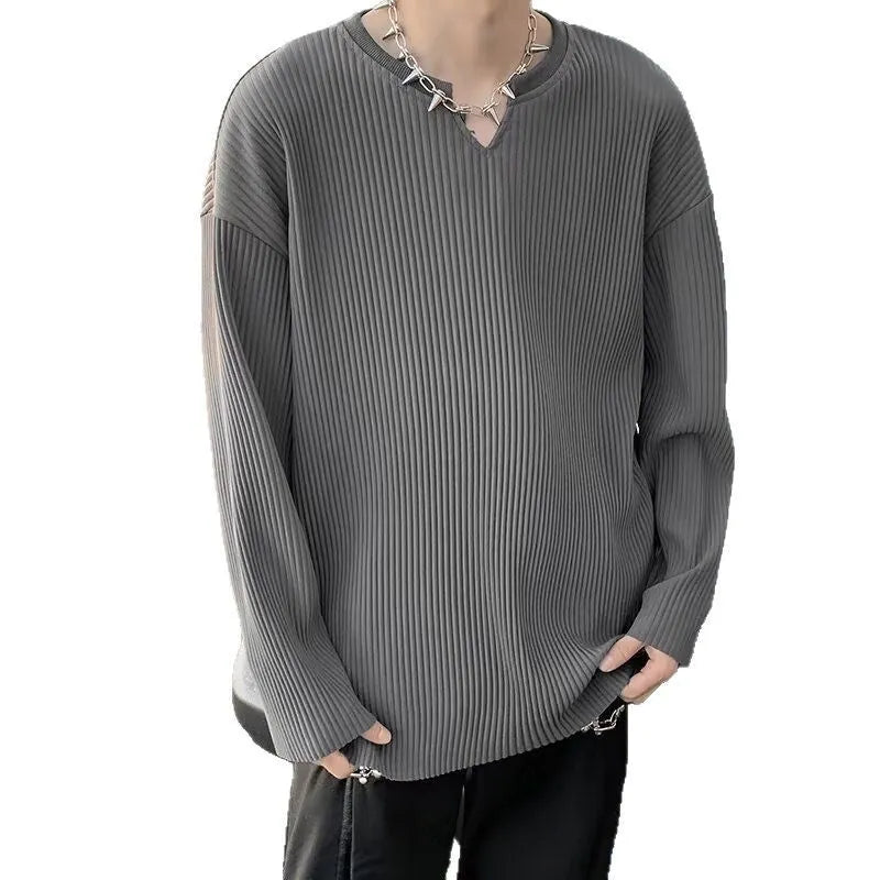 Plus size striped texture pullover jumper in black colour with long sleeves and loose fit design