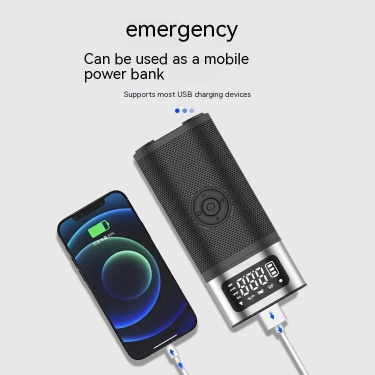 Black portable wireless air pump with USB cable and accessory nozzles for vehicles and sports equipment