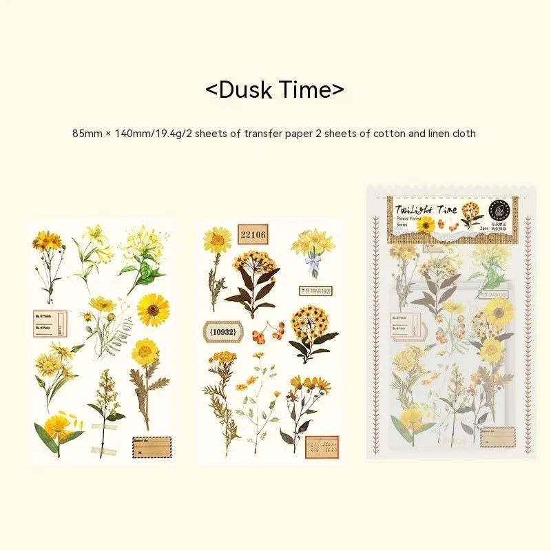 Huazhisen Series art sticker pack showing forest-themed label designs on transfer paper and cotton linen sheets.