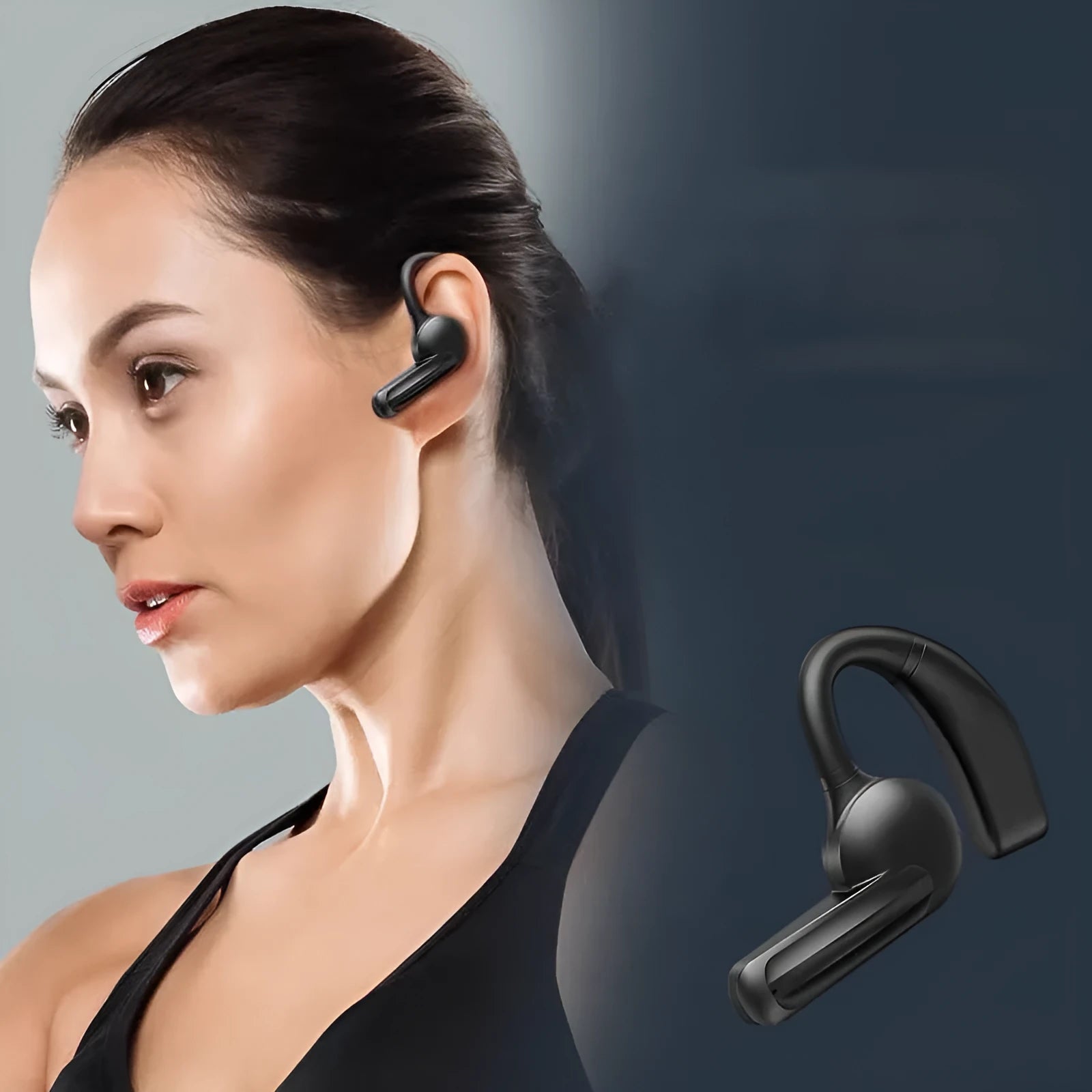 Black bone conduction sports headset with ear-hook design, Bluetooth 5.0, IPX4 waterproof