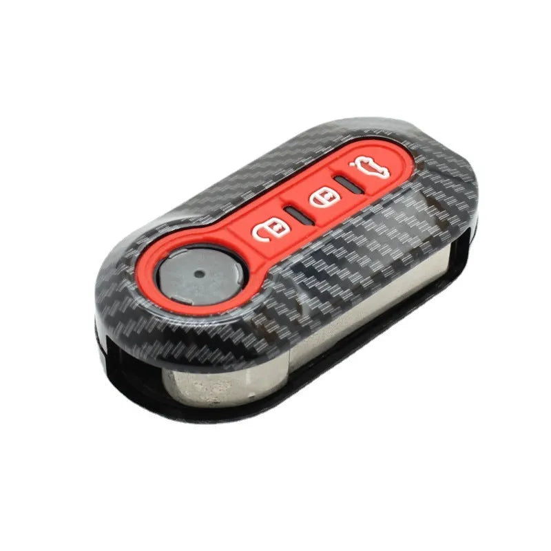 Fiat 500 Boyue Ottimo Viaggio carbon fibre design remote key case in black, red, and dark blue colours.