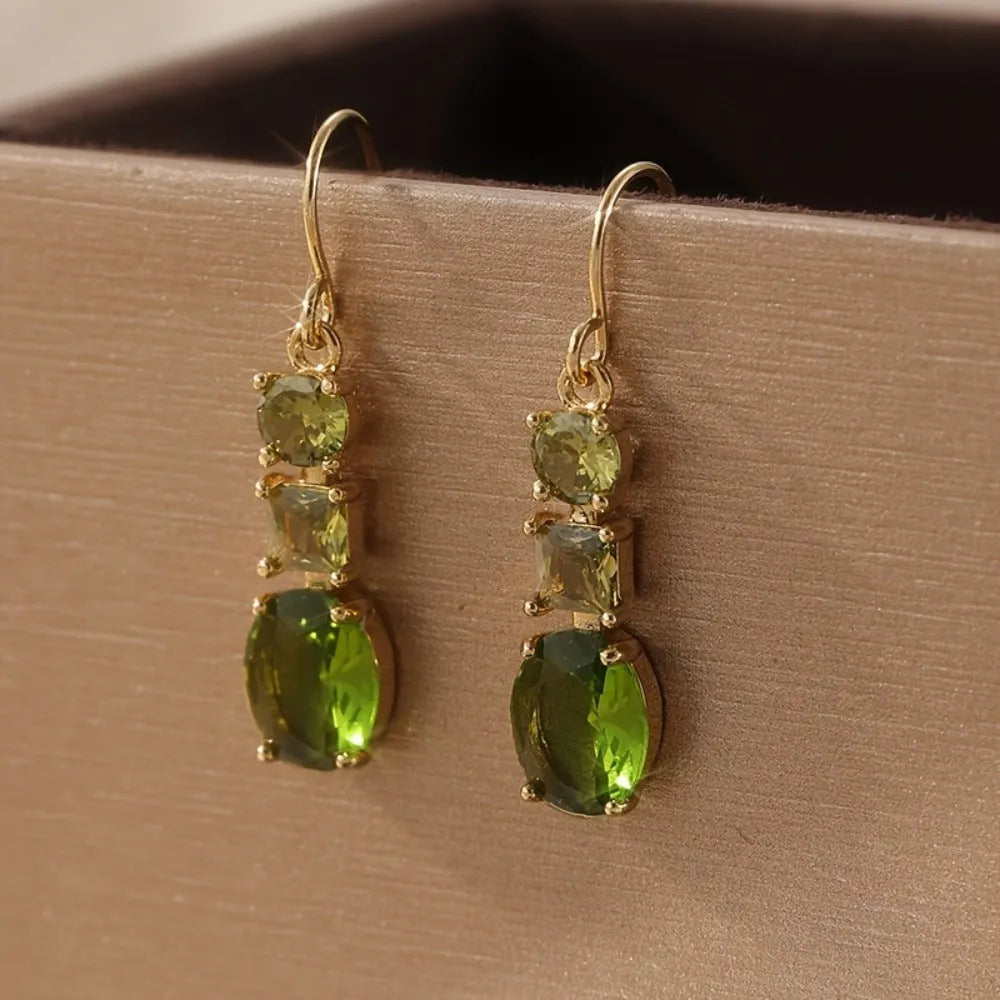 Green geometric copper earrings with quadrilateral shape and retro bohemian style