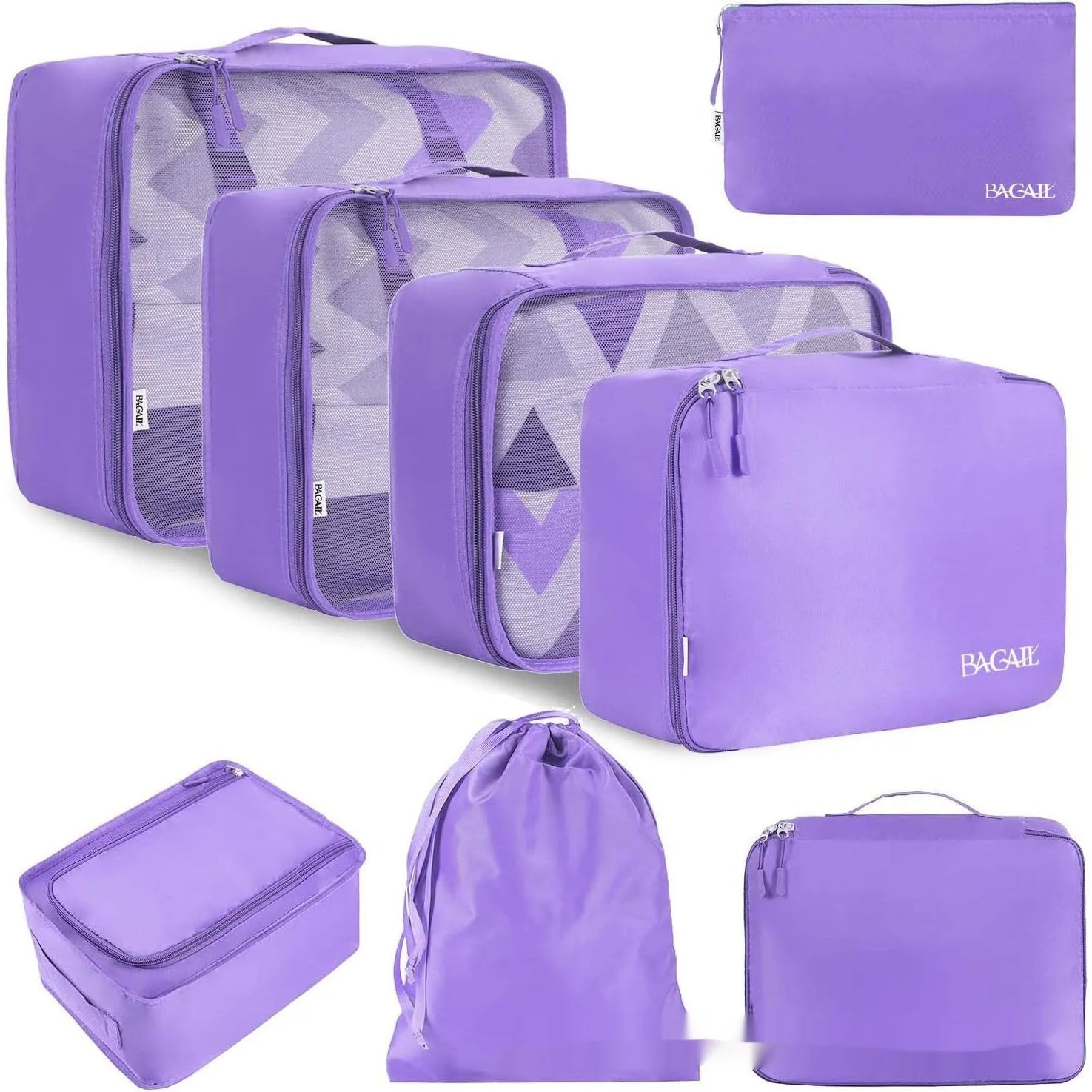 Set of eight cubic packing cubes for travel organisation in various colours including beige, black, and pink leopard print.