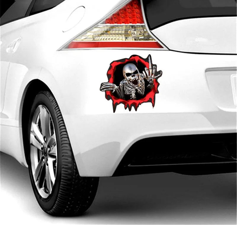 Colourful broken shell metal skull bumper sticker measuring 15 by 14 centimetres