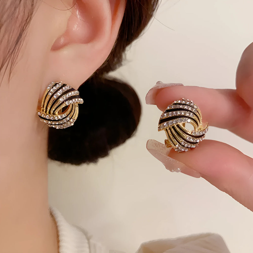 Pair of super flash rhinestone ear studs with thick real gold plating on copper base, geometric shape