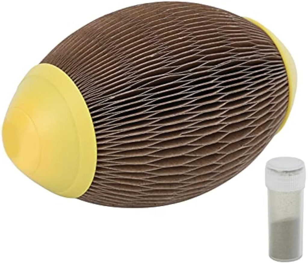 Elliptical football‑shaped cat toy made from brown recycled corrugated paper, shown next to a ball of catnip.