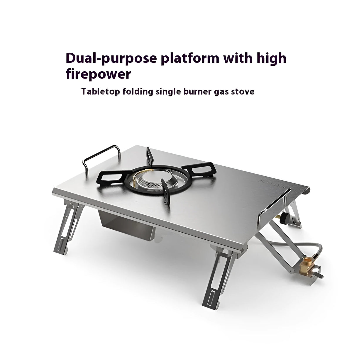 Portable foldable camping gas stove with ignition, isobutane mixture fuel, shown with beige or black IGT furnace belt bag
