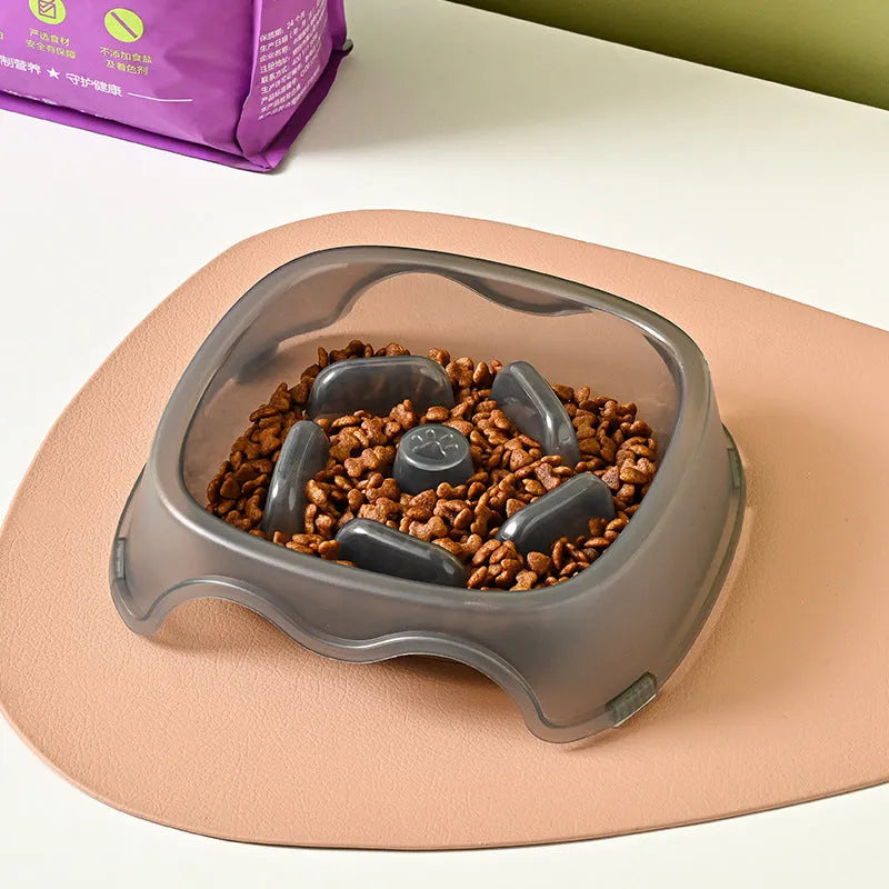 Plastic dog slow feeding bowl with anti-choking design in blue, grey, green, and orange colour options